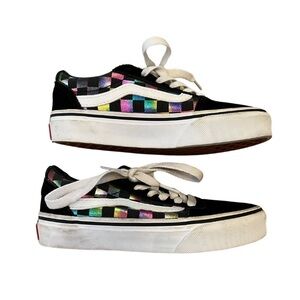 Vans Kids Old Skool Canvas Black Rainbow Checkered Skate Shoes Size 12